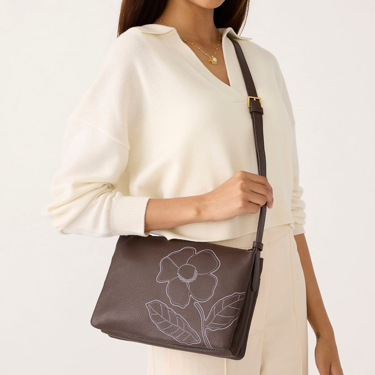Foxbury Crossbody - Appliqu\u00e9 Floral Coffee Bean