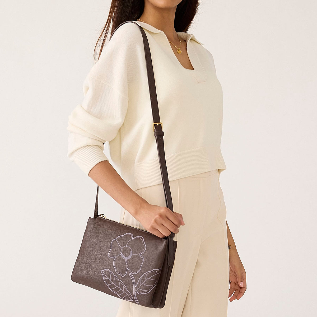 Foxbury Crossbody - Appliqu\u00e9 Floral Coffee Bean